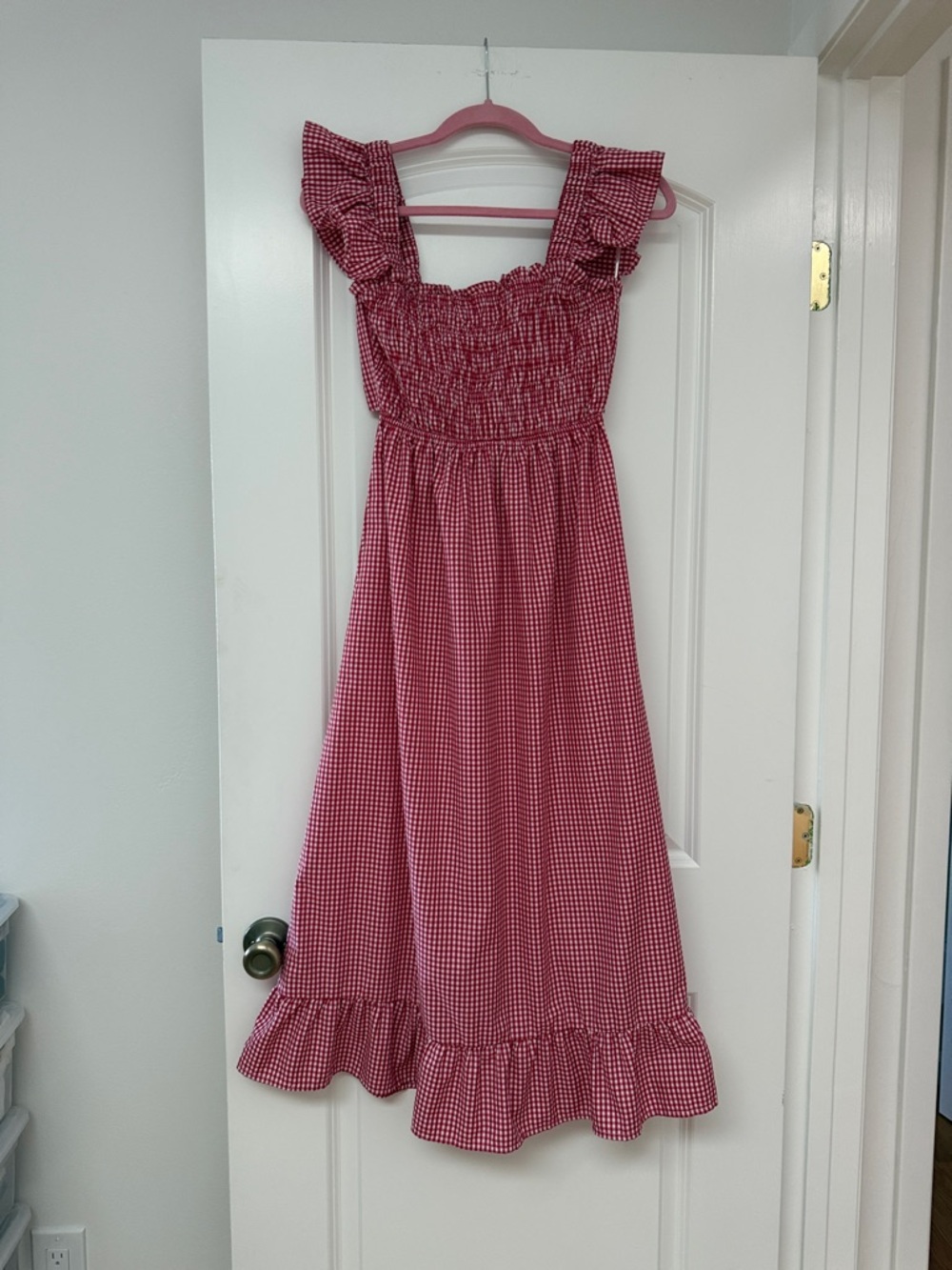 Sim & Sam Red Gingham Ruffle Strap Summer Dress w/Pockets Sz M